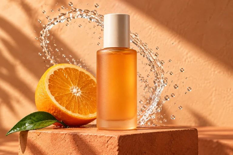 Citrus skincare product poster with an amber bottle and a splash of water