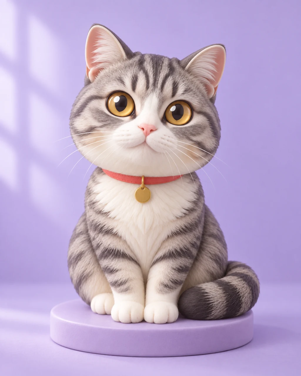 同一只虎斑猫变成圆润的 3D 公仔，保留大大的琥珀色眼睛和珊瑚色项圈，坐在淡紫色底座上。