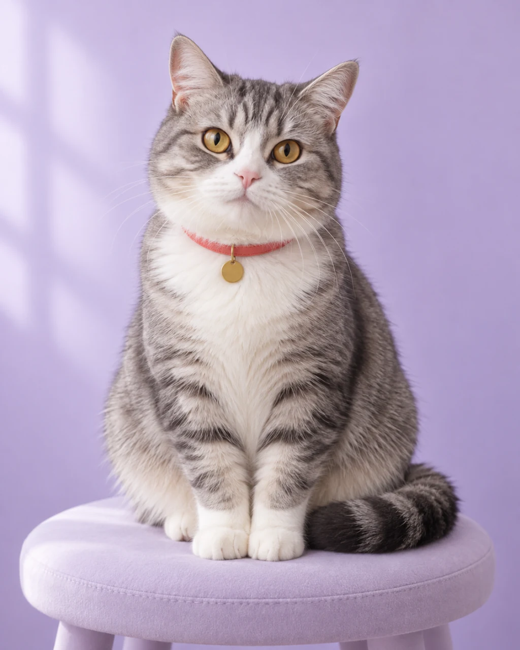 一只琥珀色眼睛、白色爪子、珊瑚色项圈的银色虎斑猫，坐在淡紫色凳子上。