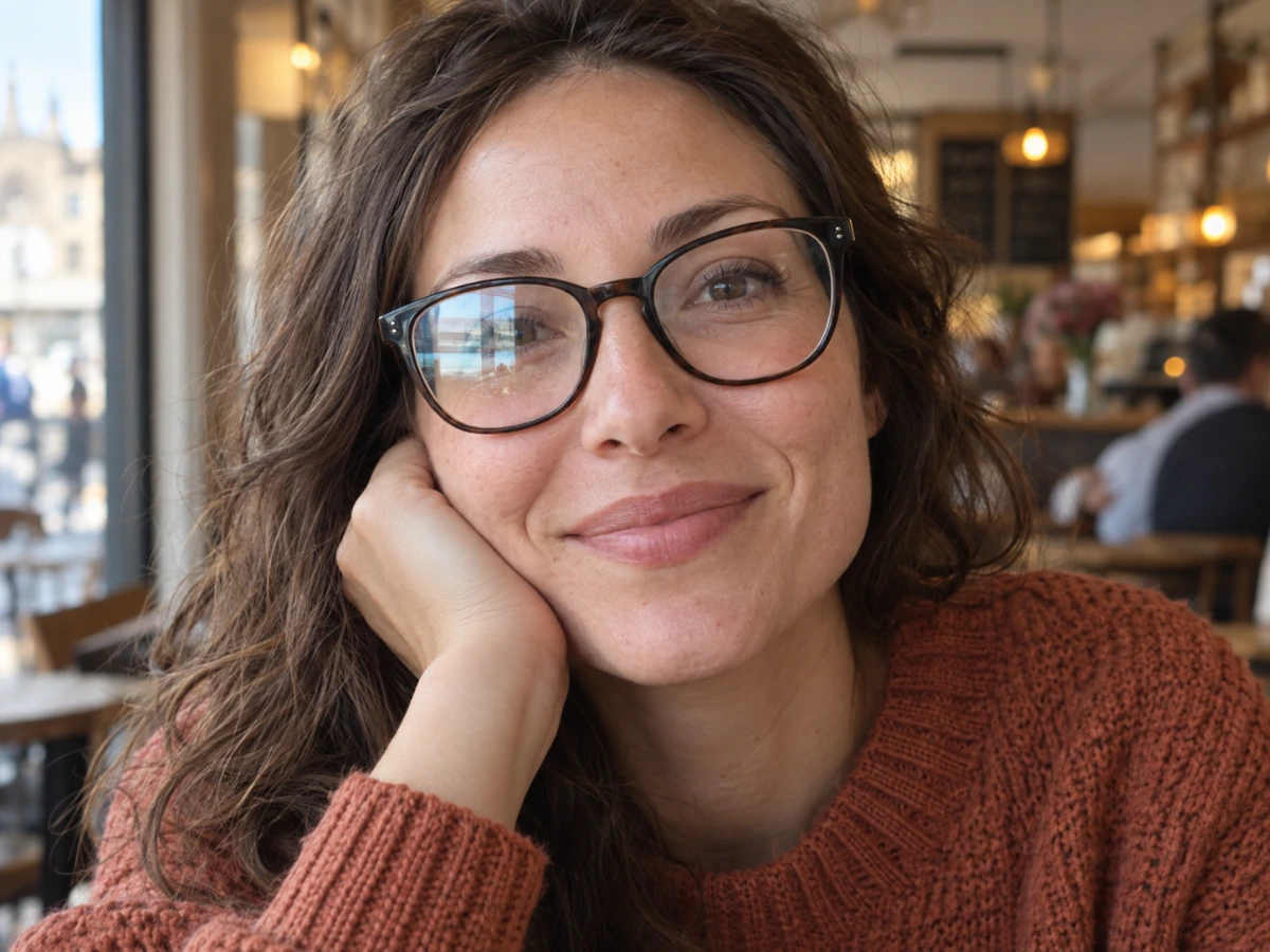 Café portrait with translucent window glare across the eyeglasses