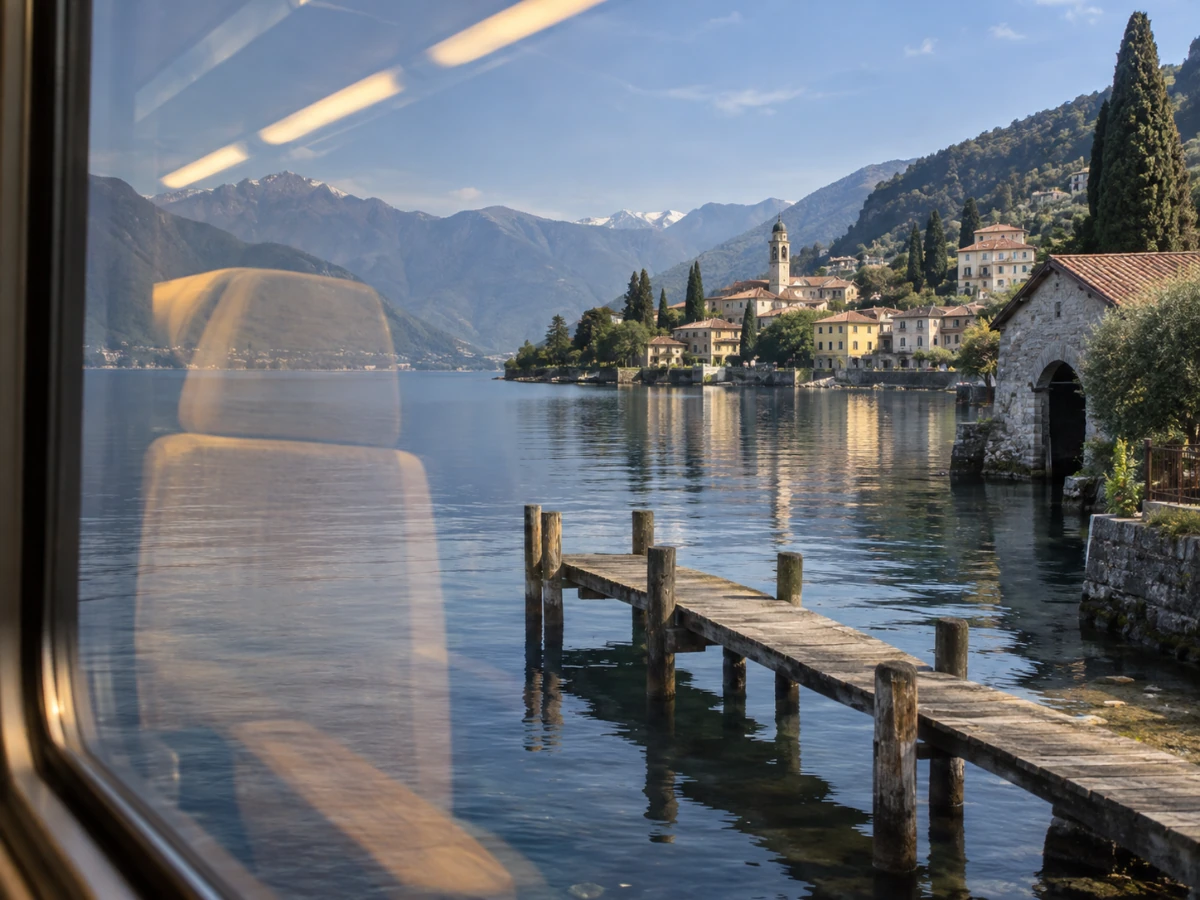 Lake and village seen through a train window with cabin reflections