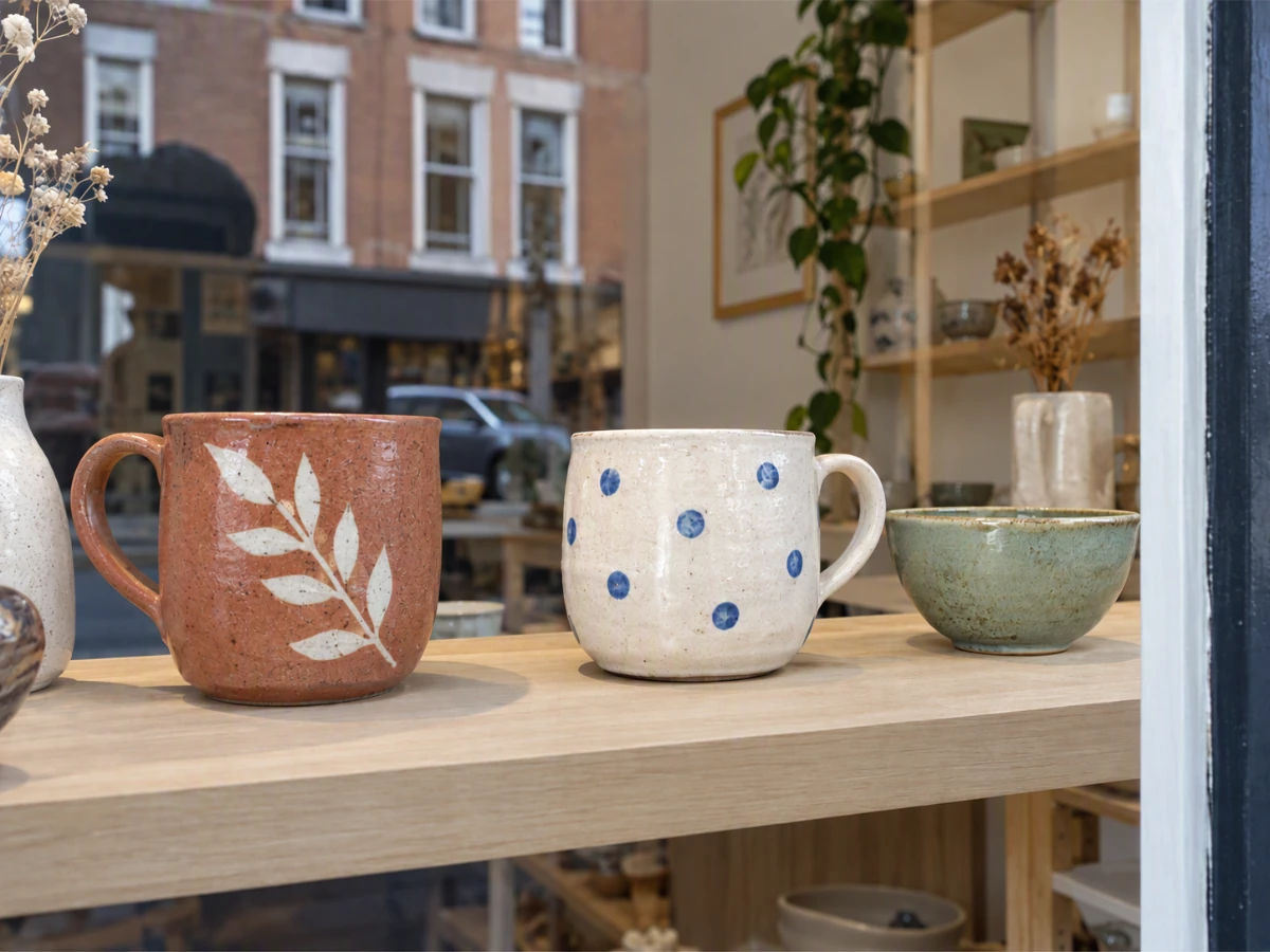 Handmade ceramic cups and bowls behind reflective shop glass — Reviewed editing result