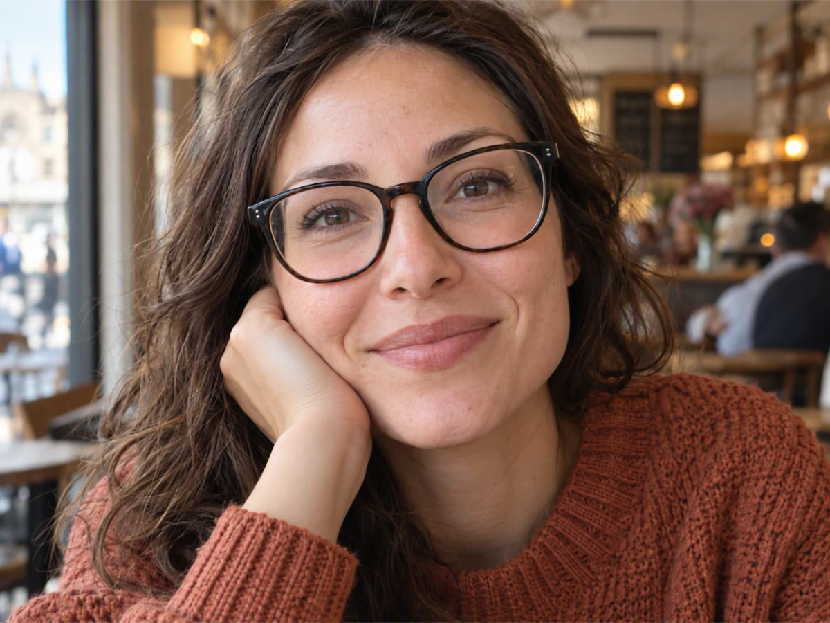 Café portrait with translucent window glare across the eyeglasses — Reviewed editing result