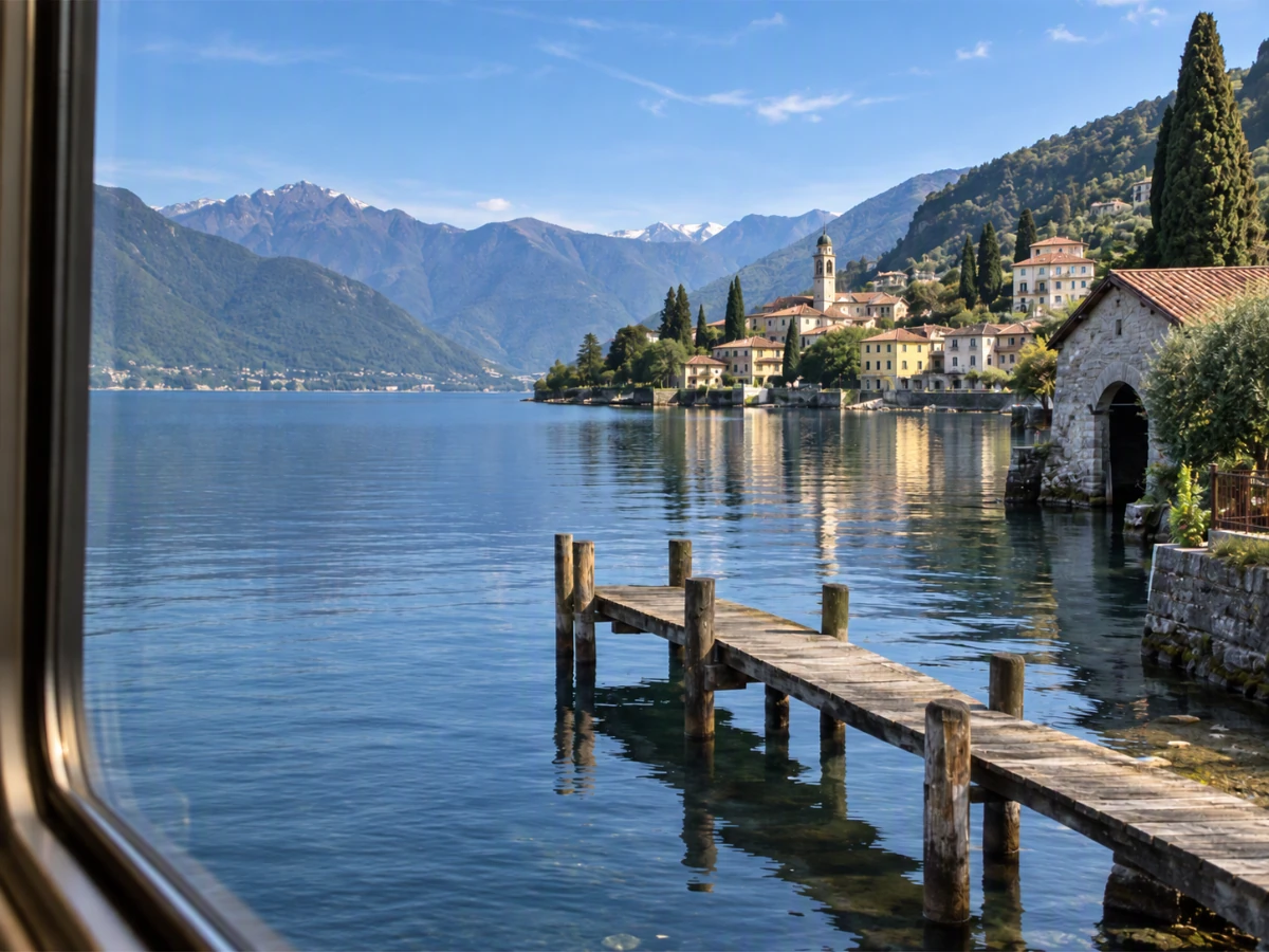 Lake and village seen through a train window with cabin reflections — Reviewed editing result