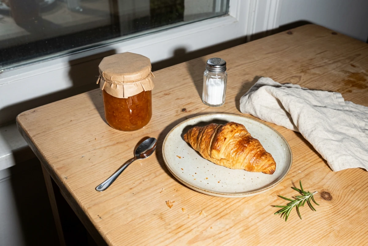 Breakfast table lit by harsh camera flash with a croissant, jam jar, salt shaker, spoon, napkin and rosemary