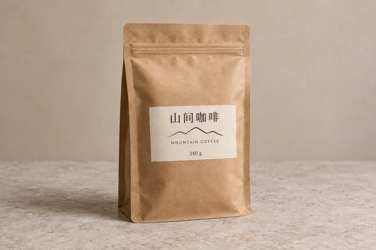 Illustrative label edit with 山间咖啡, MOUNTAIN COFFEE and 250 g