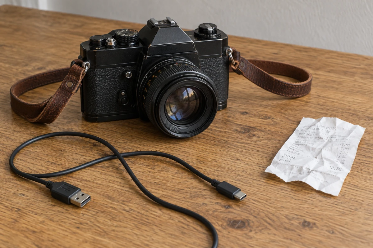 Camera and strap on an oak desk with a cable and receipt in front
