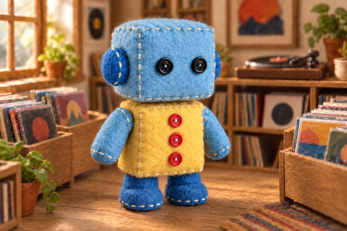 Illustrative scene placing the same felt robot in a miniature record shop
