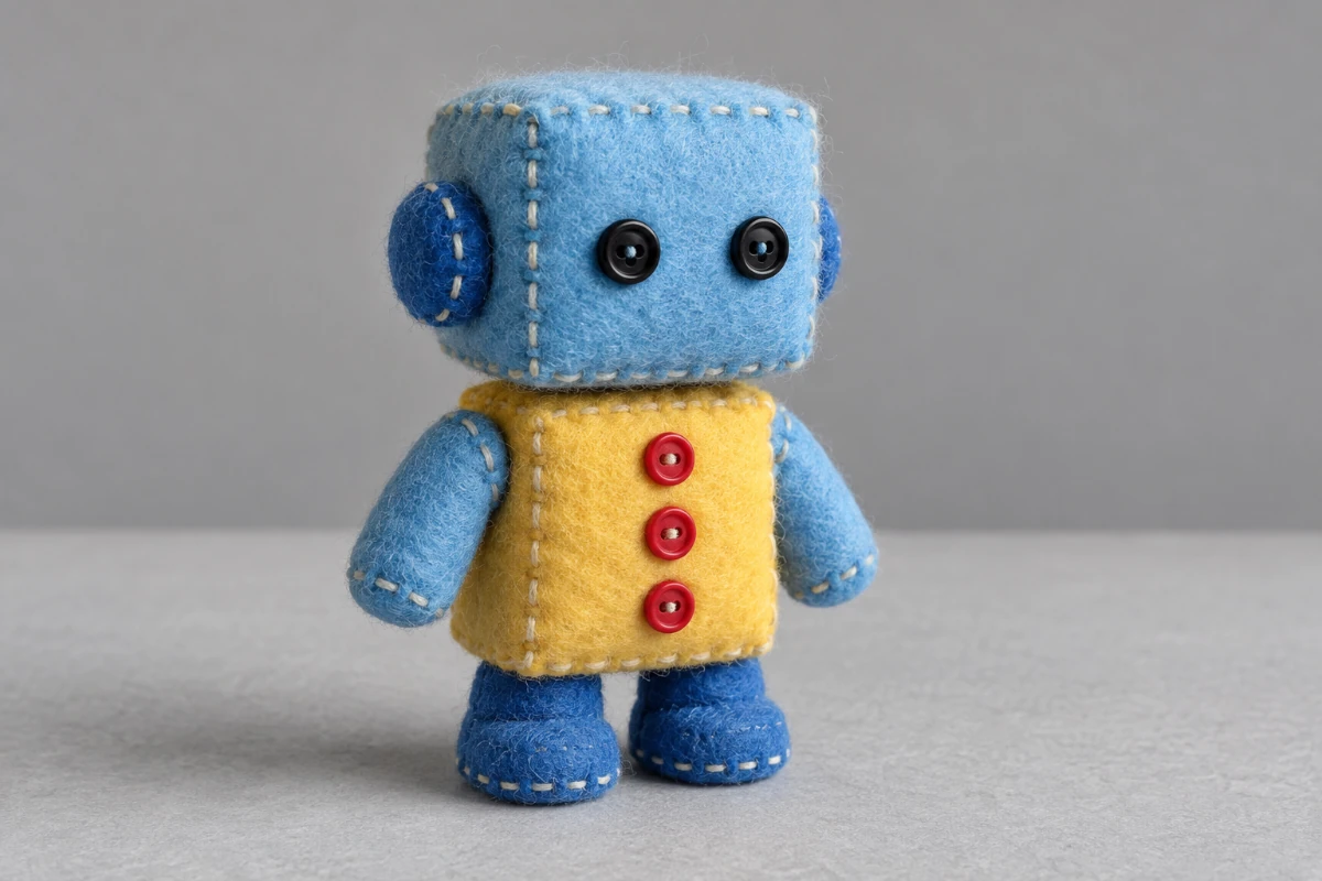 Blue and yellow felt robot on gray with three red buttons