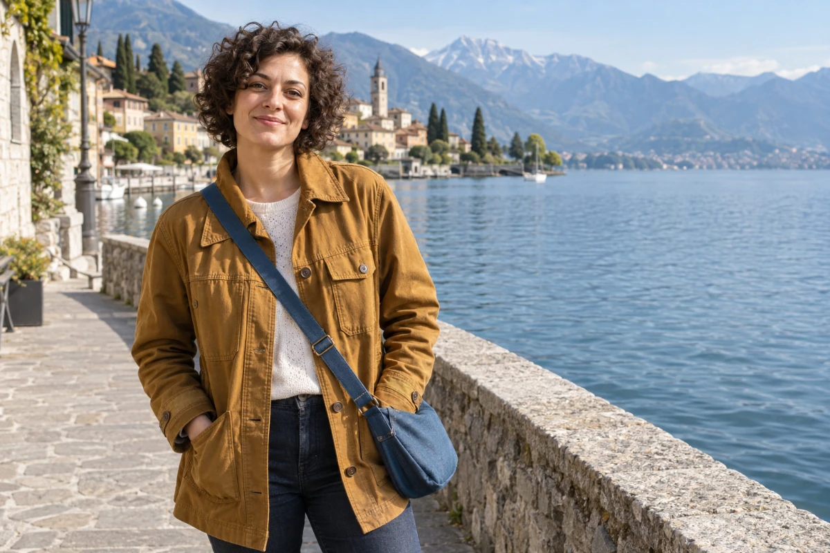 Short-haired curly woman by a lake, wearing an amber jacket and blue crossbody bag