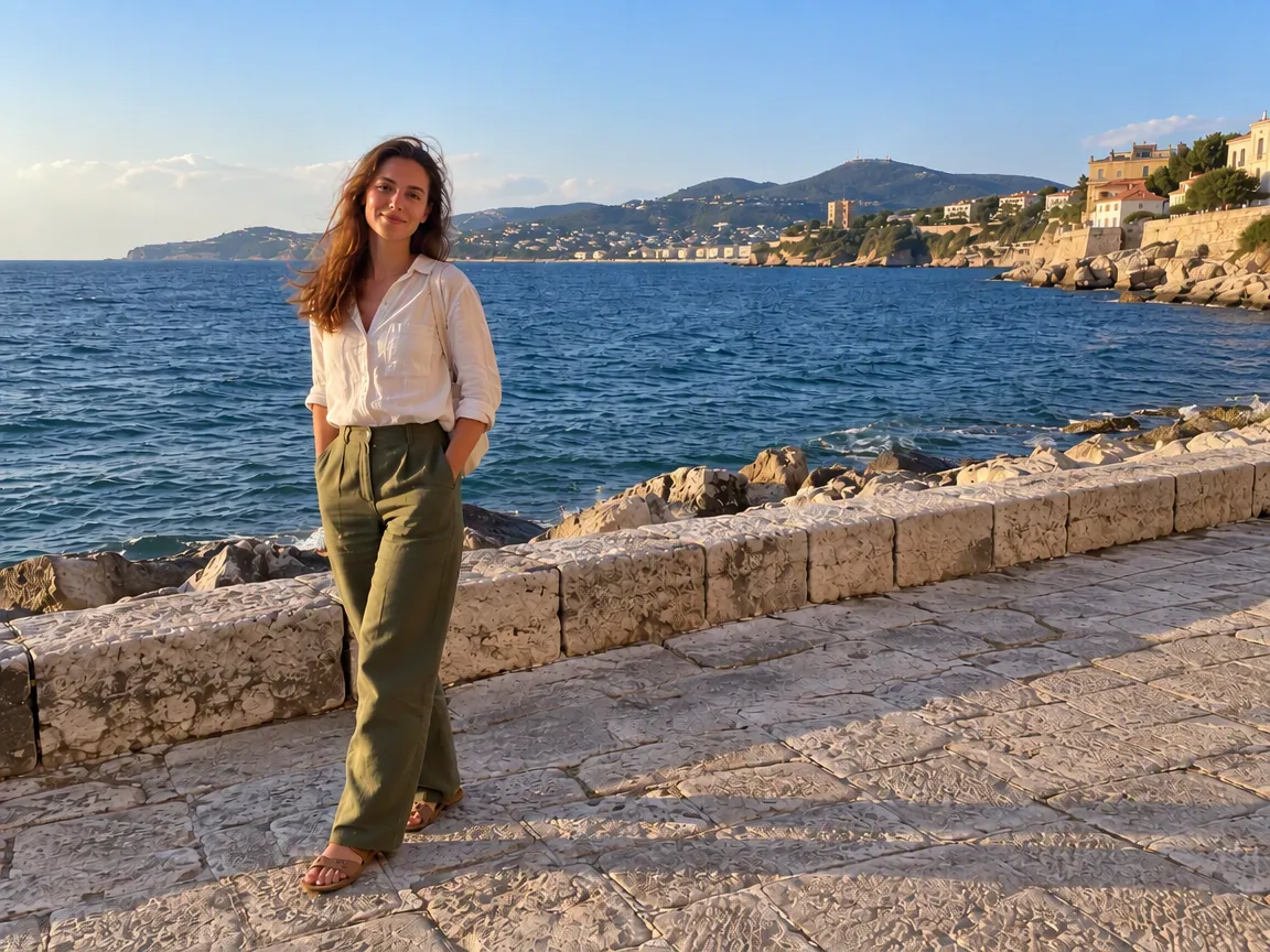 PicOnTap result: the same seaside portrait with the tourist removed