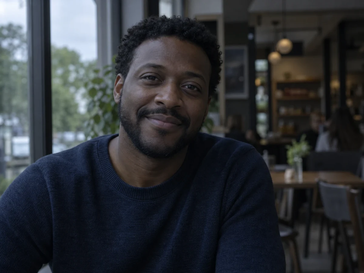 Smiling man with curly hair in a navy sweater, sitting in a busy cafe