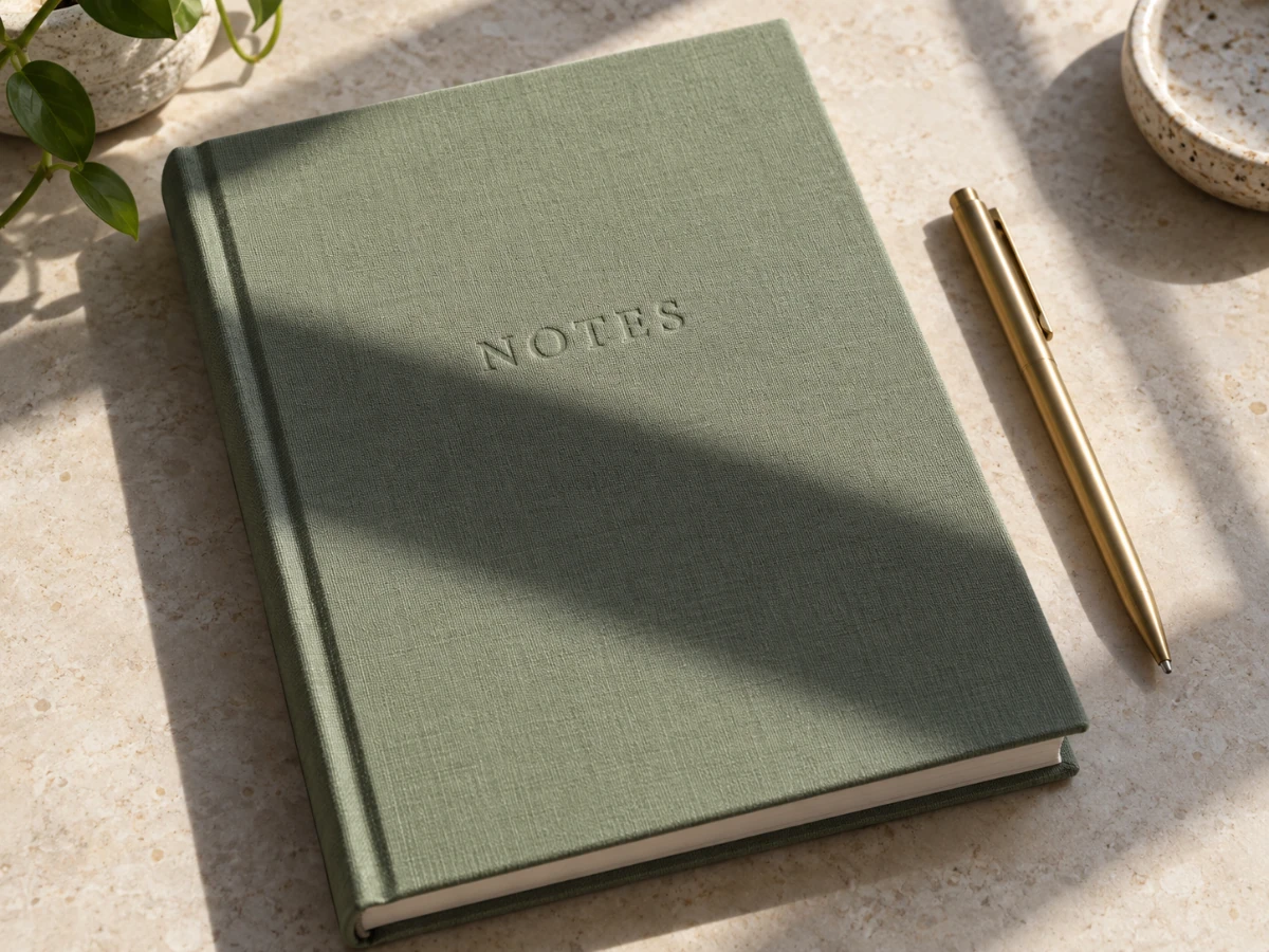 A sage notebook with a window-frame shadow across its cloth cover