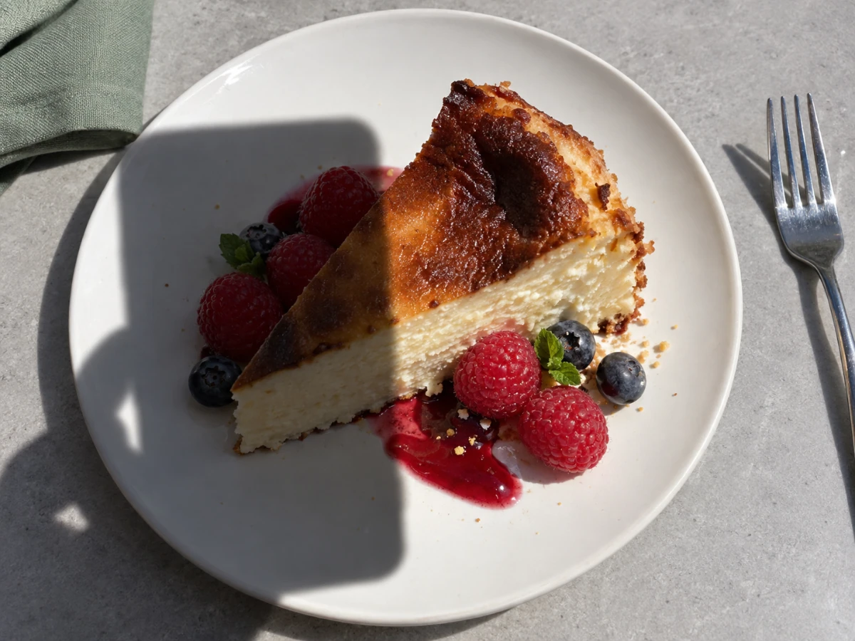 Cake and berries on a white plate, partly covered by a phone shadow