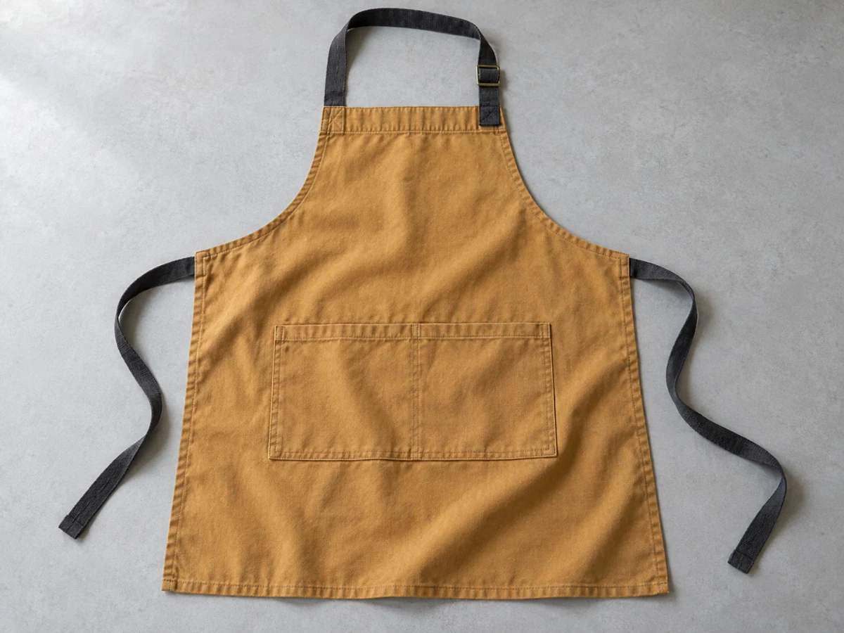 Ochre cotton apron with dark straps on a gray table