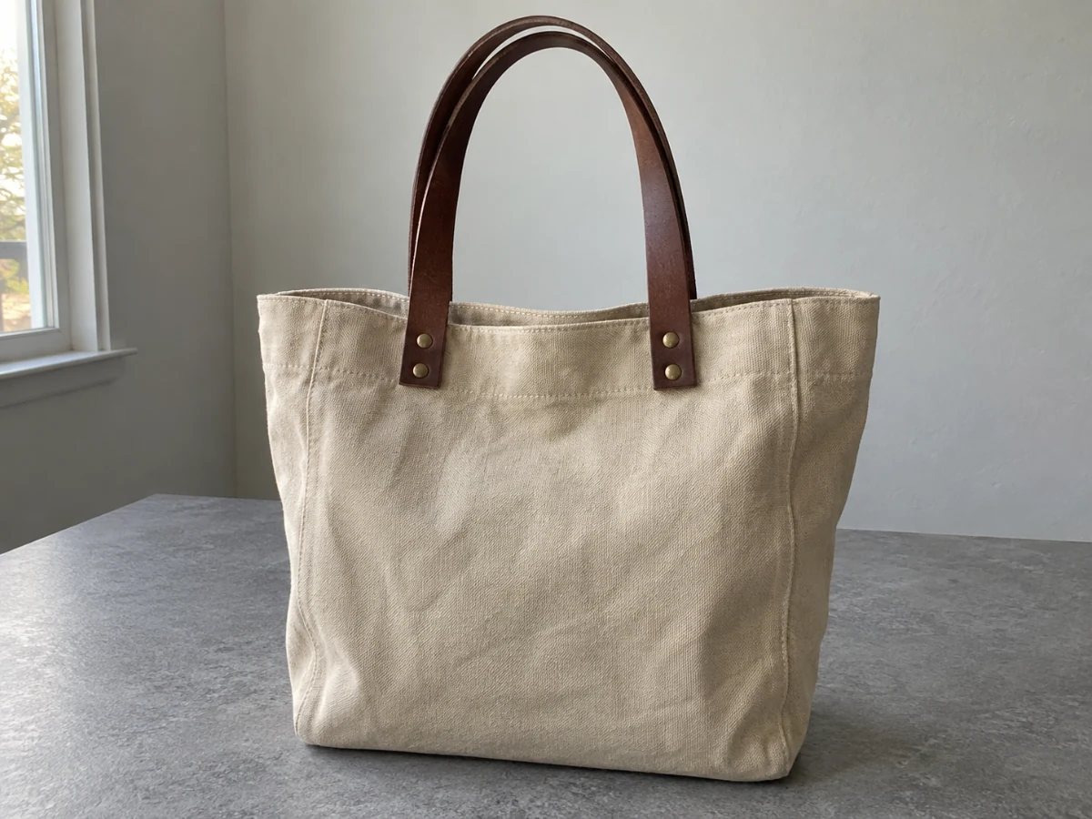 Tan canvas tote with brown leather handles on a neutral table
