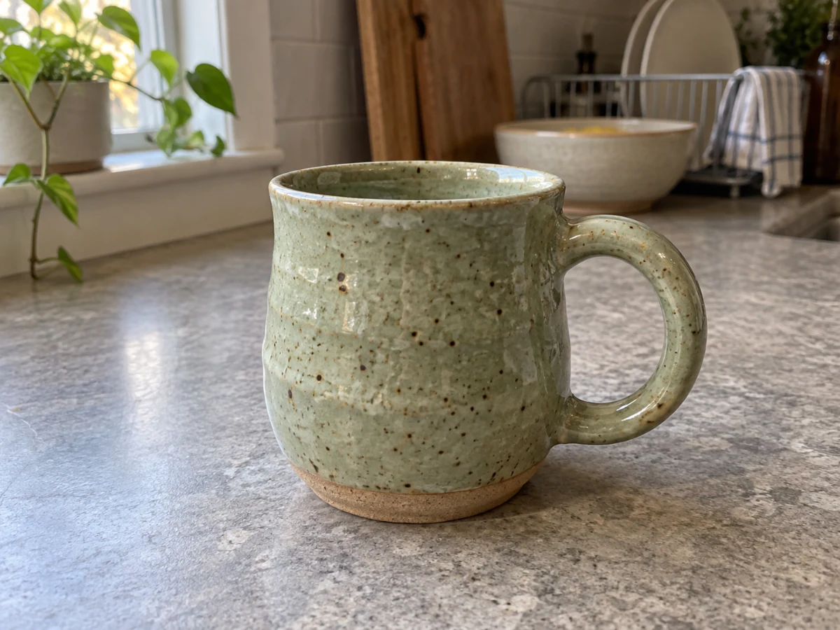 Handmade sage ceramic mug on a kitchen counter