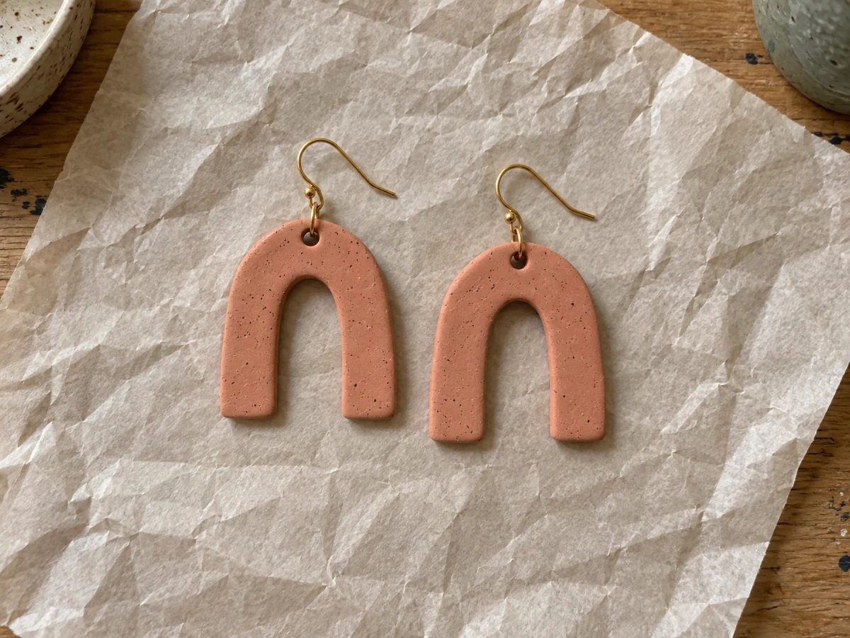 Two terracotta arch earrings on wrinkled packing paper