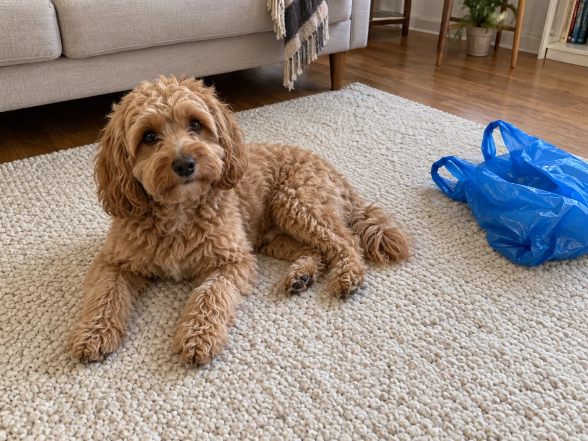Apricot dog on a rug with a blue shopping bag to the right