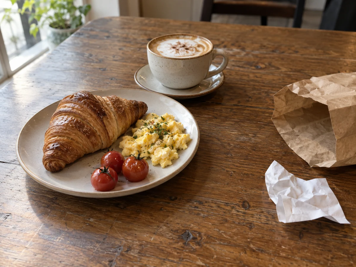 Croissant breakfast with a crumpled paper and takeout bag on the table