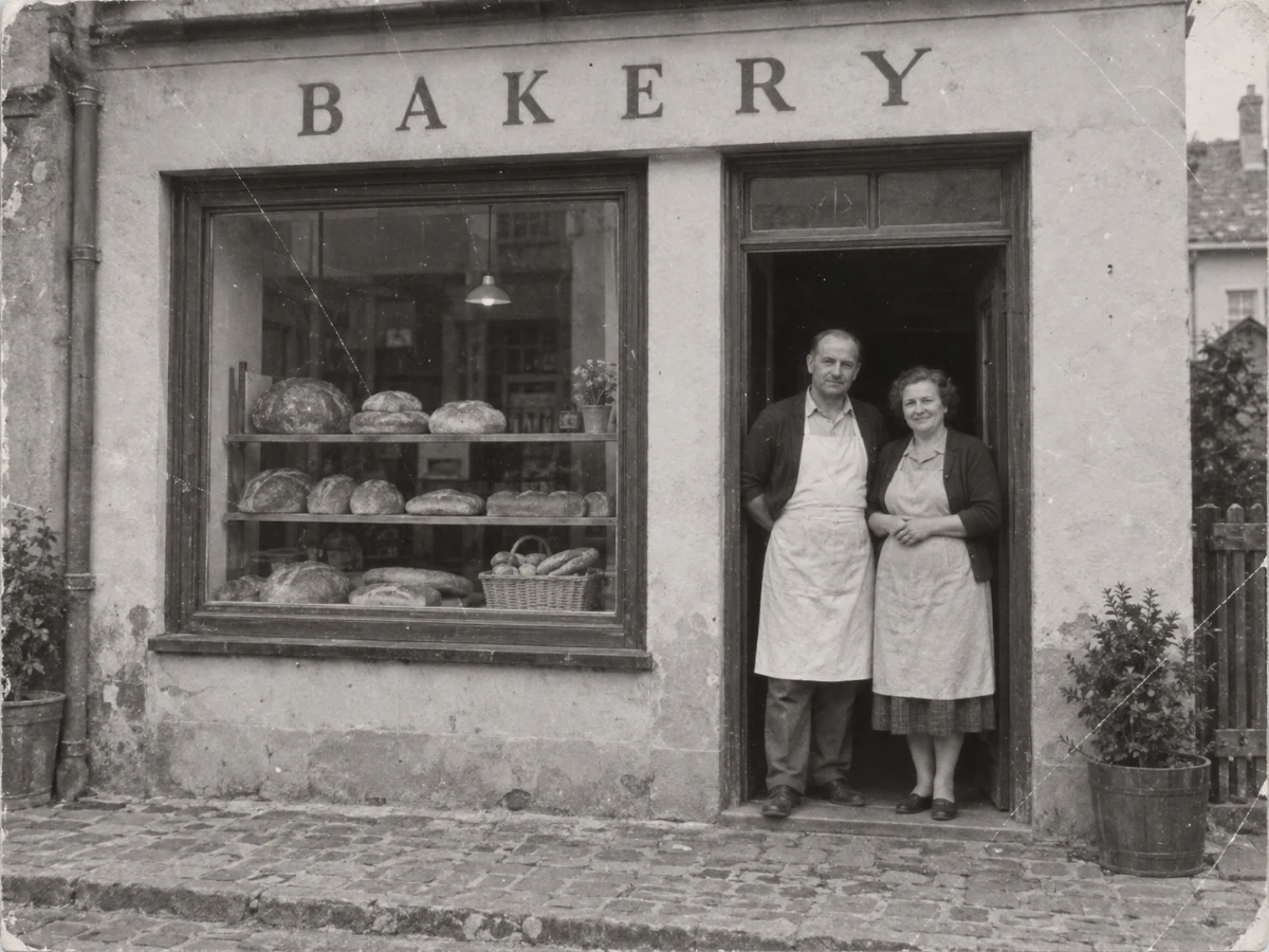 Fictional faded black-and-white photograph of two adults outside a small shop