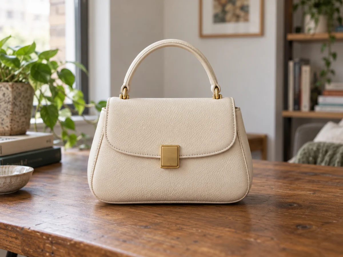 Cream leather handbag on a home table with books and plants behind it