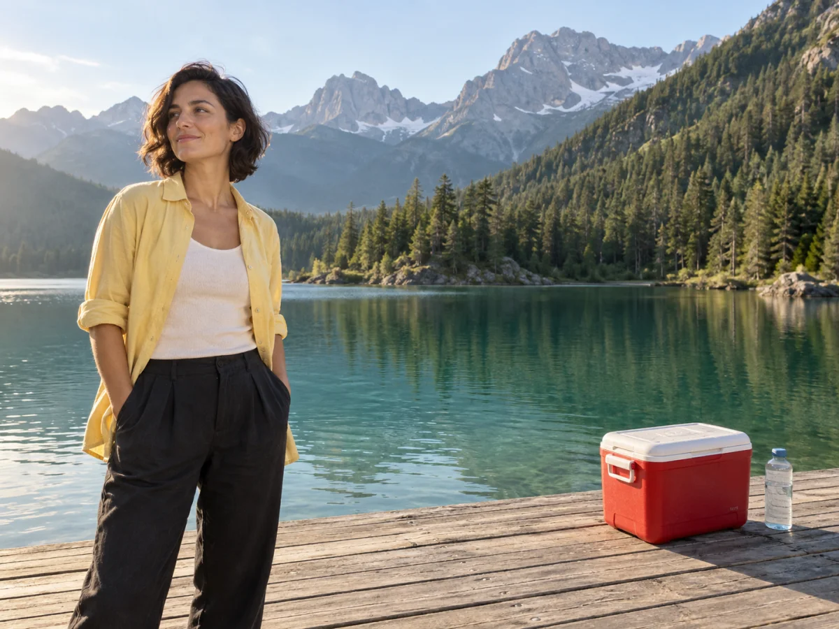 Traveler by a lake, with a red cooler and water bottle on the boardwalk