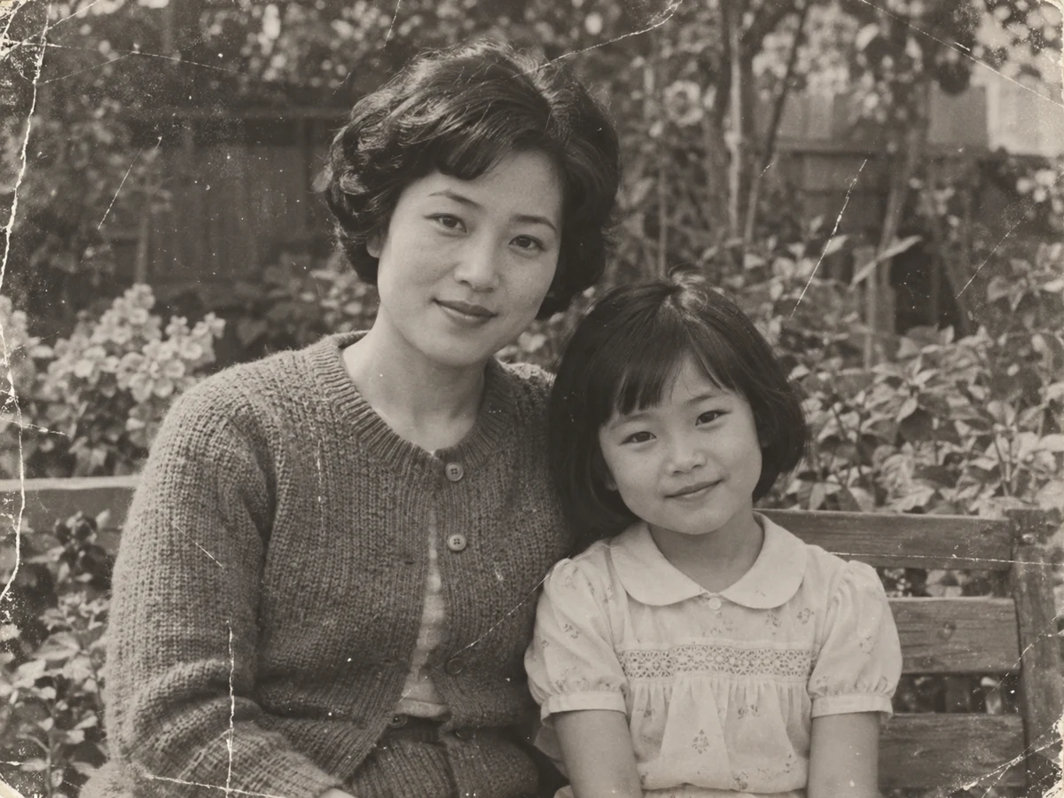 AI example: a scratched, faded black-and-white garden portrait of a mother and daughter