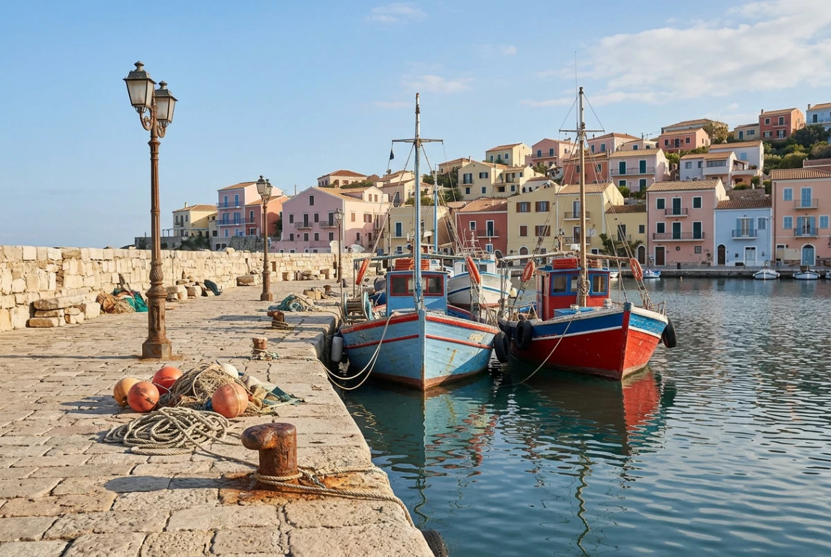A harbor in afternoon daylight with two moored fishing boats